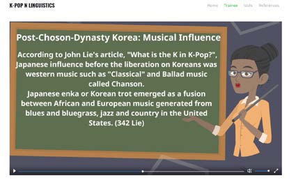 A screenshot of a video in which an animated teacher stands beside a chalkboard covered in scholarly text about the musical influences on Post-Choson-Dynasty Korea