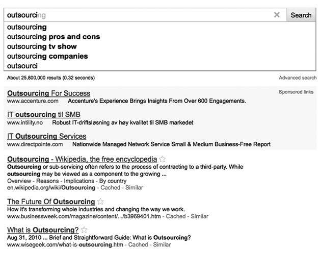 Image showing suggestions for the word 'outsourcing' in a Google search