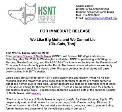 Humane Society press release discusses a partnership with several organizations that will allow them to fly larger dogs to other states to be adopted, thus increasing rates of adoption. Source: The Human Society of North Texas.
